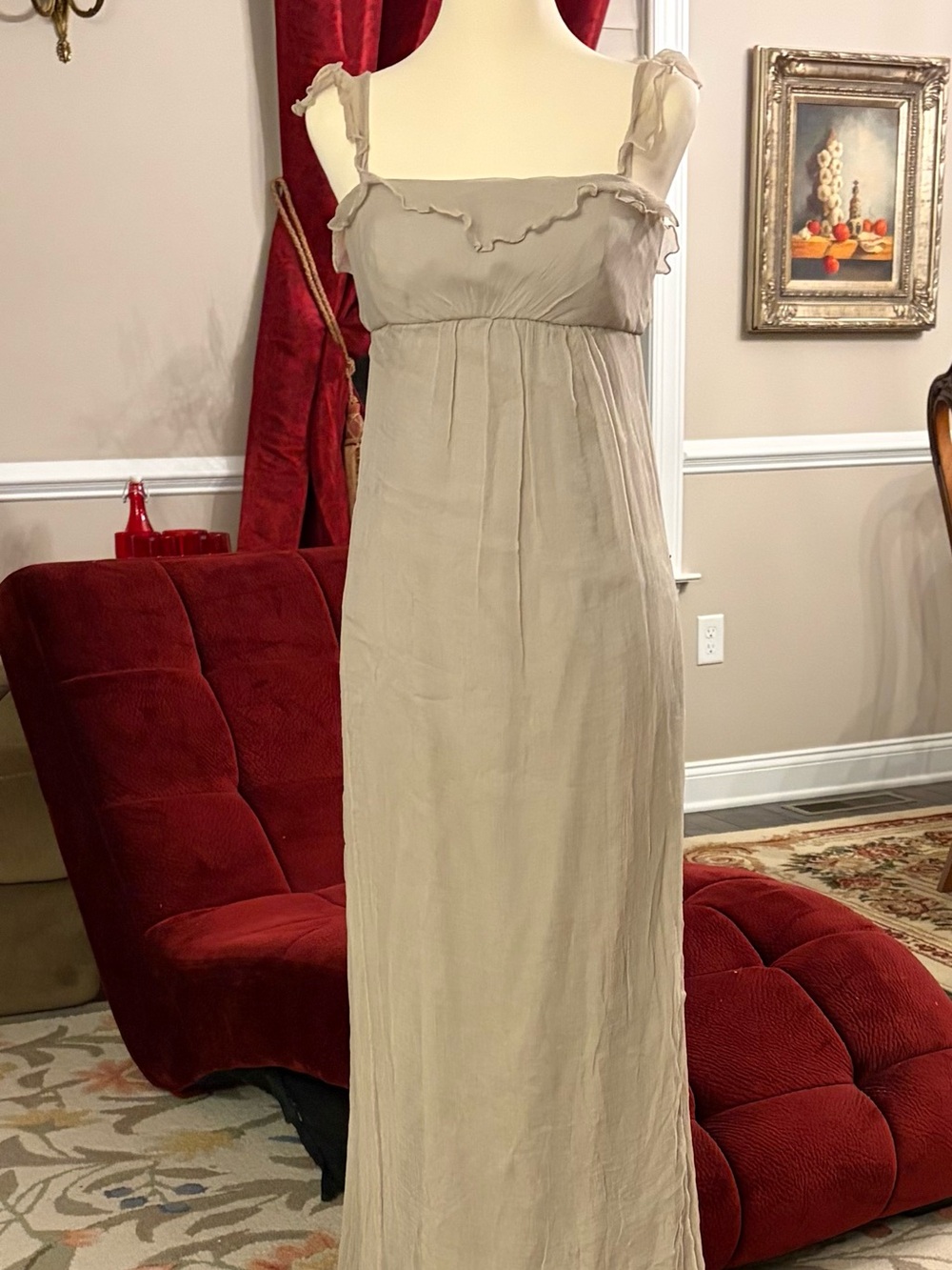 Amsale Beige Silk Spaghetti Strap Maxi Dress with Ruffle Trim